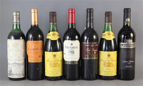 Seven bottles of assorted Rioja including Marques De Riscal, 1985, two bottles of Marques del Pomerol, 1988